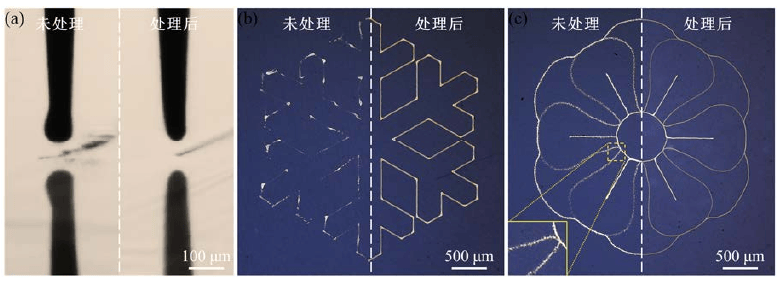 圖1-1 (a)草莓视频APPIOS下载體處理前後PI表麵電流體噴印時噴嘴狀態;(b)處理前後PI表麵打印圖案對 比;(c)處理前後陶瓷表麵打印圖案對比。 